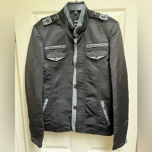 BARABAS MENS BLACK GRAY TRIM  COAT JACKET SIZE SMALL EUC BUTTON UP POCKETS